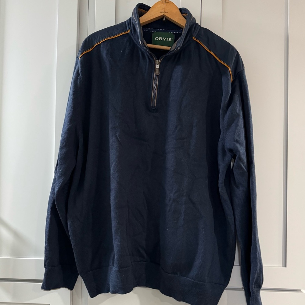 Orvis Navy Blue Wool Mens 1/4 Zip Pullover Jumper with Textured Elbows XL preppy